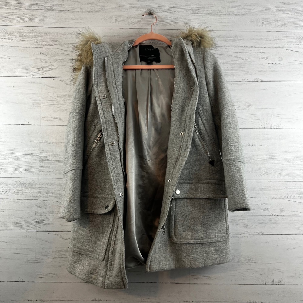 J.Crew Chateau Parka Stadium Cloth Wool Gray Faux Fur Hood Coat Size 00